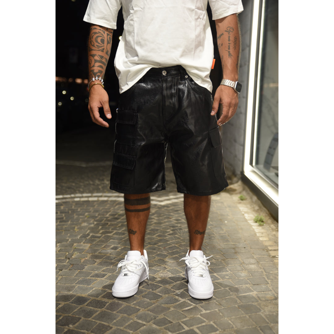 Jeans short CIANOTIC cargo pelle BLACK